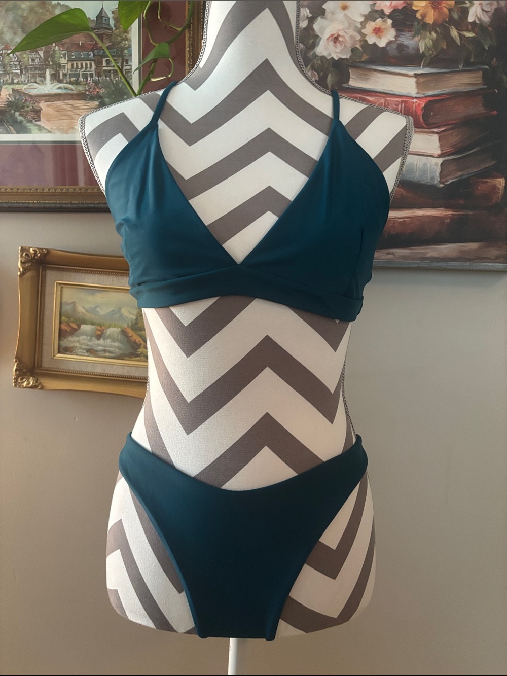 Teal V-Neck Triangle Bikini Set - Women Swim